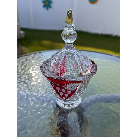 Vintage Anna Hutte Bleikristall Glass Candy Dish Jar Footed Lidded Cranberry Red - Picture 1 of 7